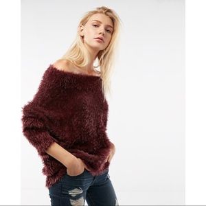 Off The Shoulder Feather Wedge Sweater in Burgundy